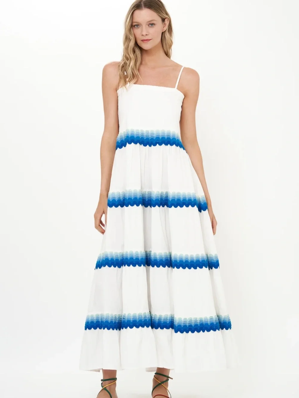 Oliphant White Cotton Maxi Dress with Blue Ric Rac Trim, Size Medium - Picture 8 of 10